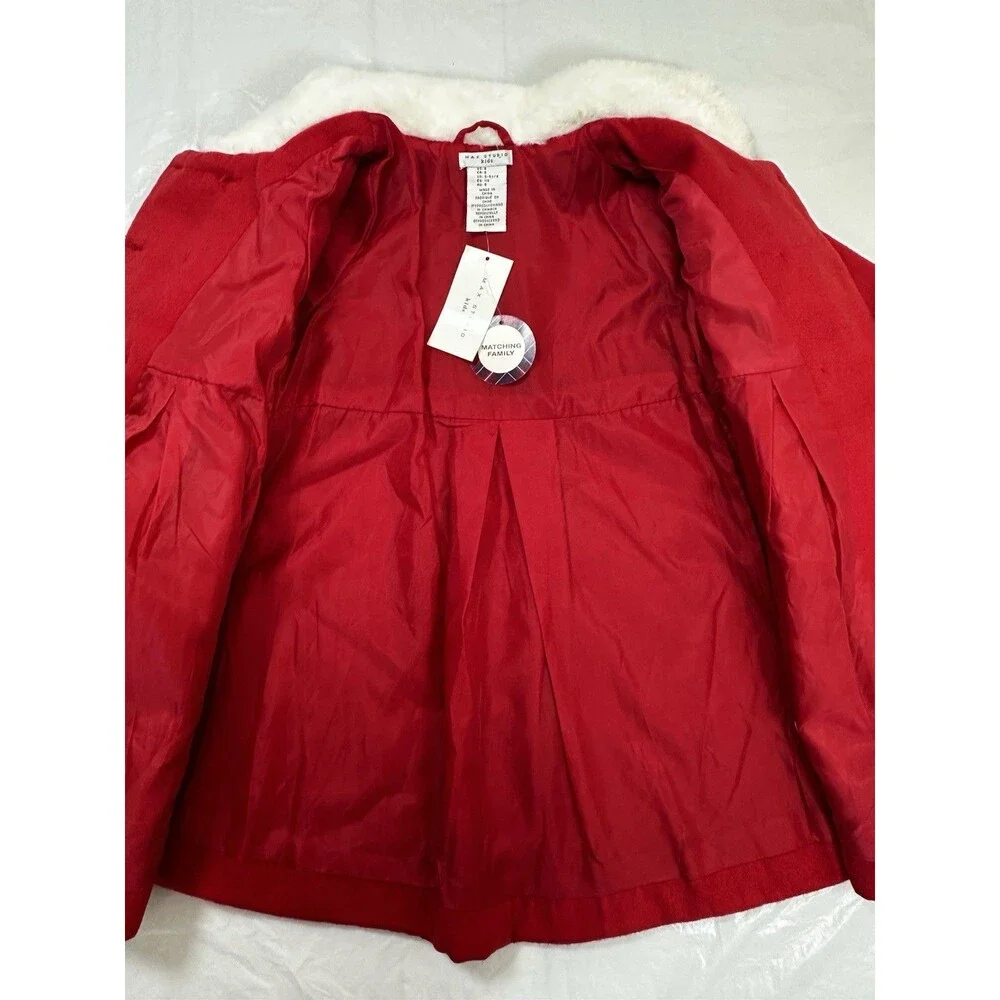 Max Studio Girls  Size 6 Red Swing Pea Coat With Faux Fur Purse.